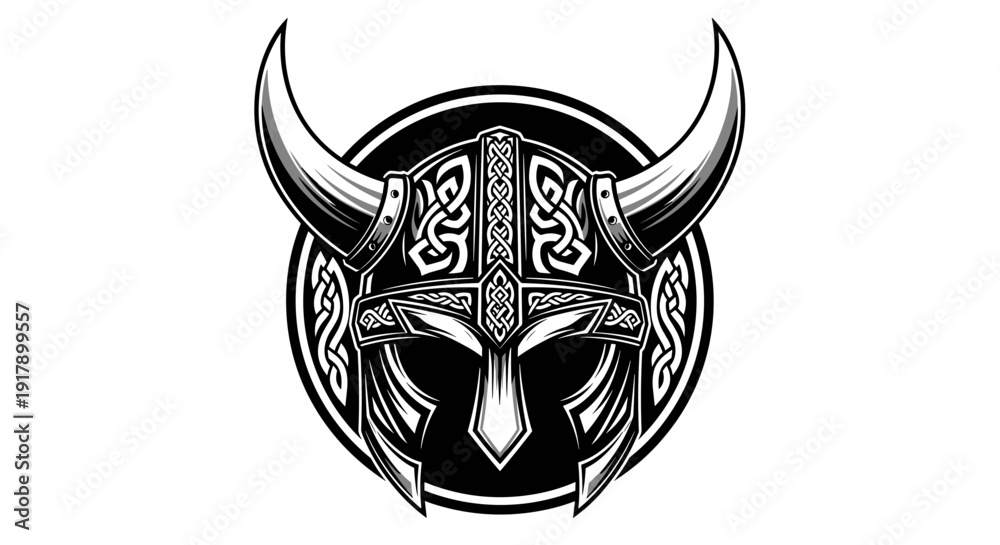 Naklejka premium Viking Helmet with Horns and Celtic Patterns.