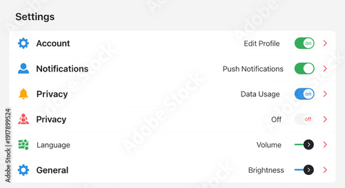 Mobile Application Settings Menu Options List.