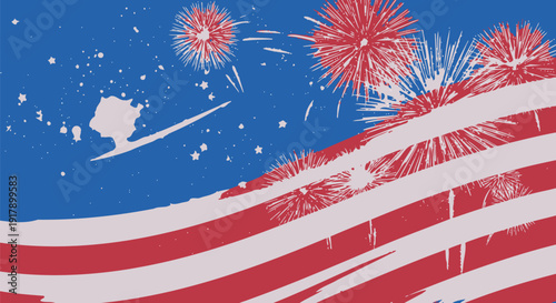 American flag waving with fireworks on Independence Day, vector illustration