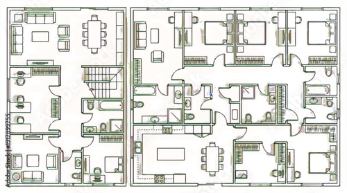 Detailed architectural floor plan with multiple rooms and furniture layout