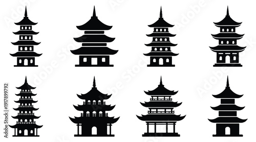 Eight black silhouettes of Asian pagoda towers on white background