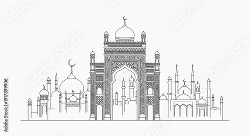 Taj Mahal Architectural Illustration Detailed Drawing.