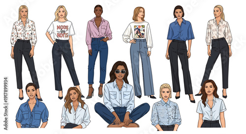 Fashion showcase of women in various stylish outfits and poses