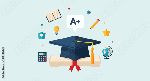 Graduation Cap with Educational Icons Surrounding.