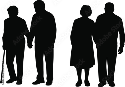 Silhouettes of elderly individuals in pairs, abstract artistic arrangement symbolizing aging, companionship, support, and care among older adults for creative stock illustration