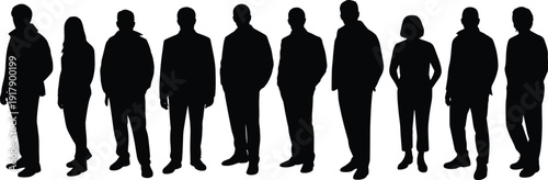 Silhouettes of eleven diverse individuals standing side by side, abstract artistic arrangement symbolizing group dynamics, diversity, anonymity, and unity for creative stock illustration