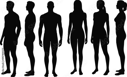 Silhouettes of eleven individuals standing side by side, abstract artistic arrangement symbolizing diversity, anonymity, group dynamics, and unity for creative stock illustration