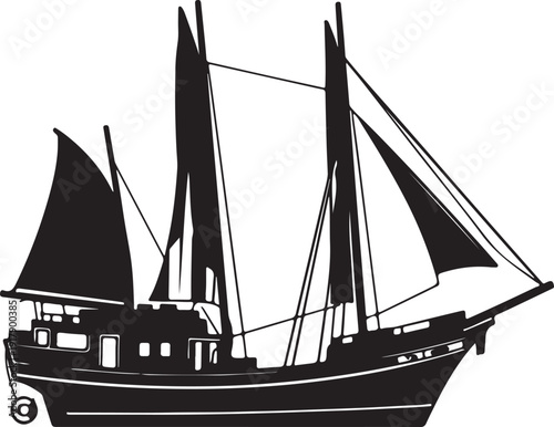 An elegant black and white illustration of a classic sailing ship with multiple masts