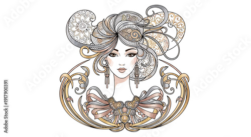 Ornate vector illustration of an elegant woman with an intricate updo, adorned with golden Art Nouveau motifs and sophisticated decorative elements, embodying timeless beauty and classic style