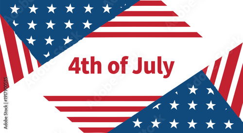 Patriotic 4th of July vector banner with American flag stars and stripes, isolated on transparent background.
