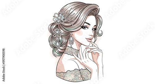 Elegant woman with intricate hairstyle and jewelry, illustration symbolizing grace and beauty