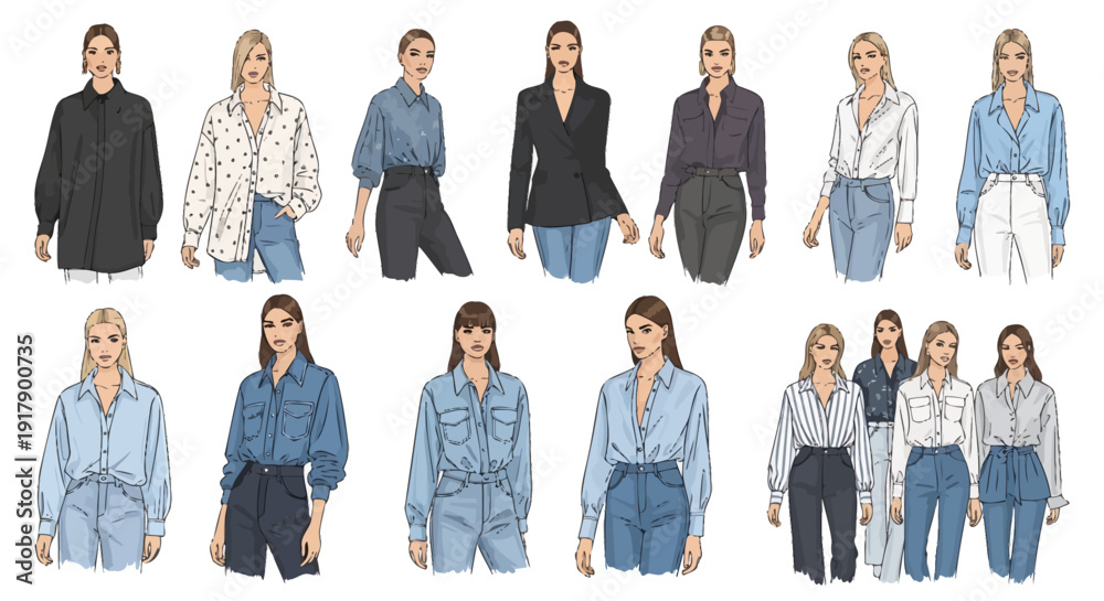 Fototapeta premium Diverse Collection of Women's Contemporary Blouse and Shirt Illustrations, Showcasing Varied Styles for Modern Apparel Design and Fashion Concepts