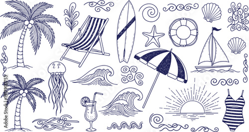 Hand Drawn Summer Beach Doodles Set with Palm Trees Surfboard Sailboat Seashells and Tropical Vacation Elements in Blue Ink Vector Illustration