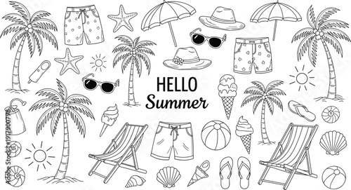 Hello Summer beach vacation elements set with palm trees, sun umbrellas, deck chairs, sunglasses, ice cream, shells, and tropical swimwear