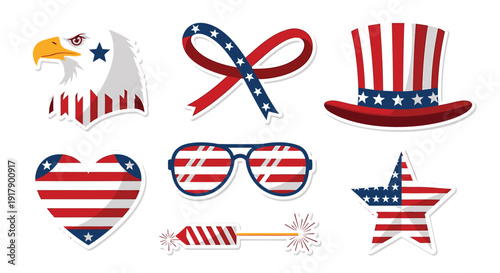 American patriotic icon collection. Includes eagle, ribbon, hat, heart, glasses, sparkler, star. Created in flat style with red, white, and blue palette.