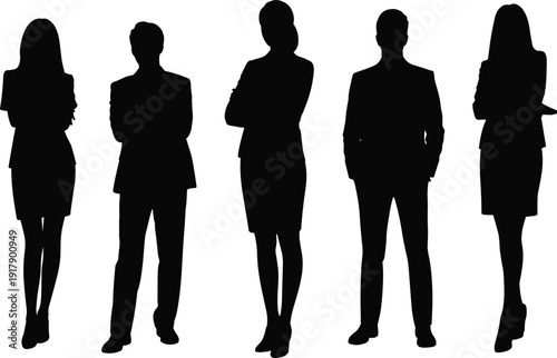 Silhouettes of professional individuals standing in a row, business attire figures symbolizing teamwork, corporate unity, collaboration, and diversity for abstract workplace stock illustration