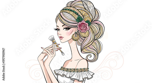Elegant woman with ornate hairstyle applying makeup with a brush, vintage illustration