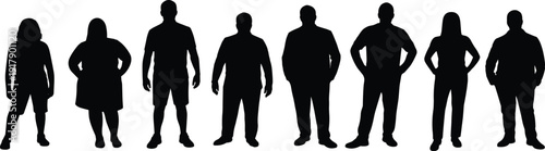 Silhouettes of seven diverse individuals standing side by side, abstract artistic arrangement symbolizing diversity in body types, gender expression, and fashion styles for creative stock illustration