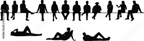 Silhouettes of seated and reclining individuals on beam and ground, abstract artistic arrangement symbolizing social interaction, relaxation, and diverse human postures for creative stock illustration