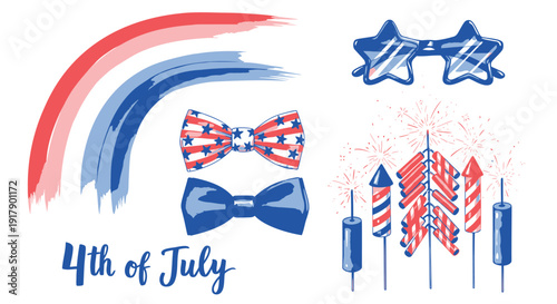 Patriotic icon collection. Includes bow ties, fireworks, stars, and celebration symbols. Created in colorful style with red, white, and blue palette.