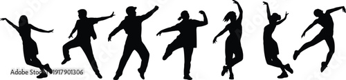 Silhouettes of seven dynamic dancers in expressive poses, abstract artistic arrangement symbolizing rhythm, movement, choreography, and performance for creative stock illustration