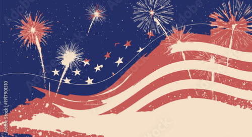 Patriotic American flag with fireworks vector illustration, symbolizing national celebration and freedom.