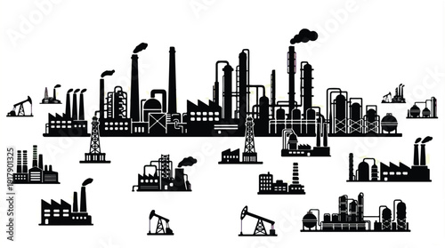Industrial cityscape with factories and oil rigs silhouettes  industrial landscape