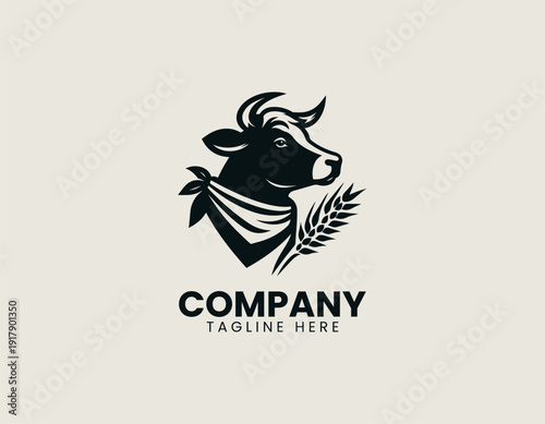 cow head styled from the side, wearing a bandana and holding wheat straw in its mouth black vector logo illustration white background