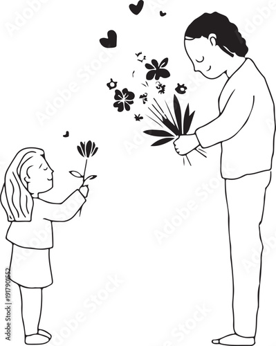 A child receiving flowers from an adult in a heartfelt moment