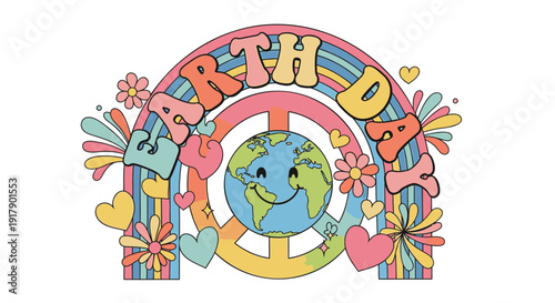Earth Day icon illustration with smiling globe, flowers, and peace signs. Created in colorful style with pastel palette. Isolated on transparent background.