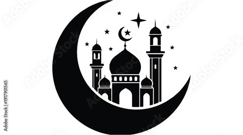 Islamic mosque silhouette with crescent moon and stars symbol  religious architecture