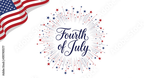Patriotic Fourth of July icon with fireworks and American flag, isolated on transparent background