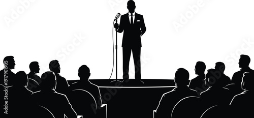 Black silhouette of a professional businessman or politician giving a speech at a microphone on stage before an attentive audience during a corporate conference.