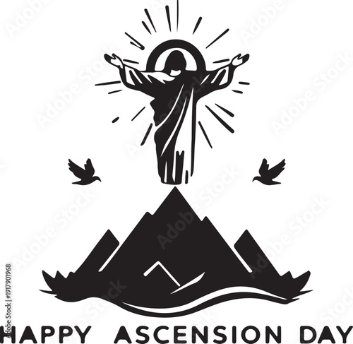 Religious depiction of ascension day with a figure rising above a mountain peak