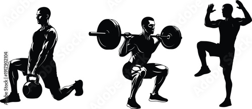 Set of black silhouettes featuring athletic men performing various gym exercises including kettlebell lunges, barbell squats, and aerobic warmups for fitness and bodybuilding.