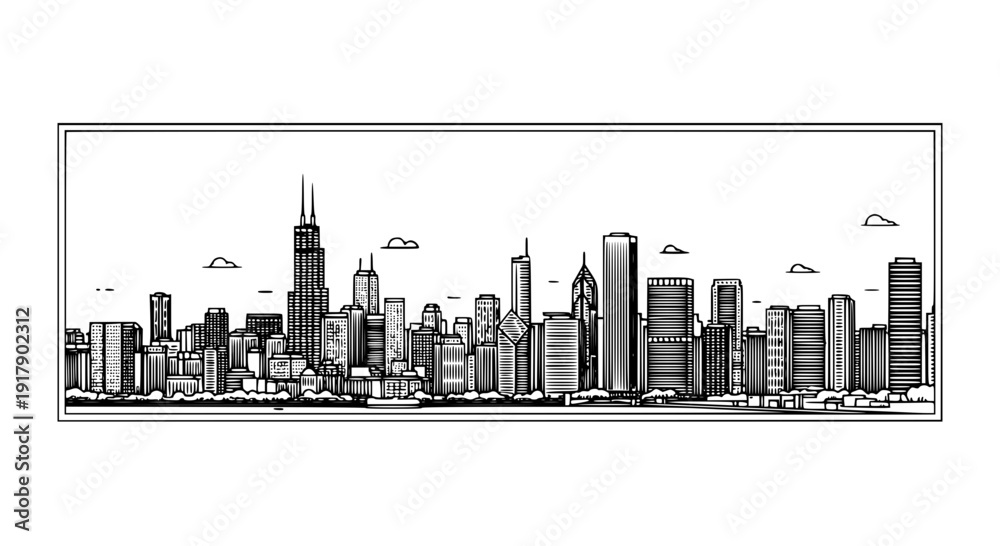 Obraz premium Chicago Skyline Rectangle Frame – Minimal Corporate Line Vector