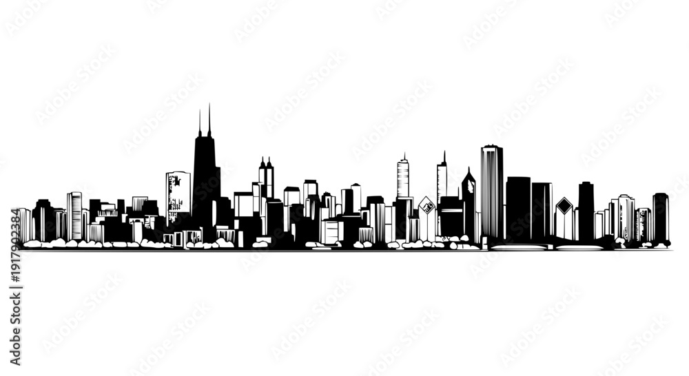 Obraz premium Chicago Skyline Horizontal Panorama Vector – Clean Minimal Outline Cityscape