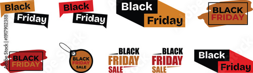 Black Friday sale badges and discount labels icon set collection in red and yellow colors isolated on white background, shopping promotion tags, sale stickers, ecommerce banner.