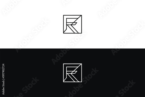 Letter R logo design with geometric lines in square frame