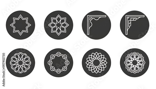 Islamic Ornament and Pattern Solid White Icon Set with Circle Background Vector