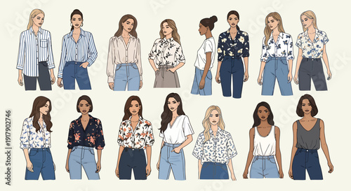 Diverse Collection of Women's Casual Fashion Outfits Showcasing Various Tops and Bottoms