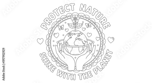 Eco friendly logo with Protect Nature and Smile With The Planet slogans, globe in hands with hearts.