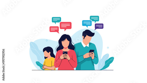 Family members are completely absorbed in their smartphones and digital messages while ignoring each other in a common space.