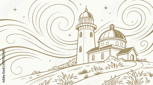 line drawing of a lighthouse on a hill at night with stars