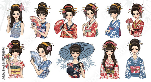 Collection of Japanese women in traditional kimonos and hairstyles, some holding fans and umbrellas