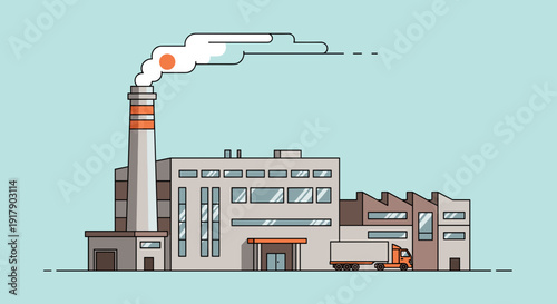 Industrial Factory Building with Smoking Chimney.