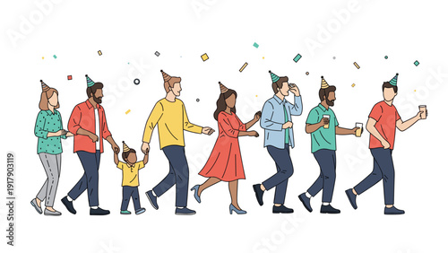 Large group of diverse people wearing party hats walk together in a celebratory line across a clean white background.
