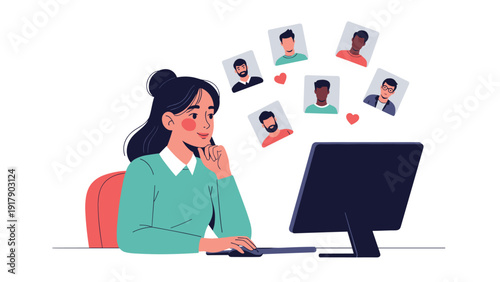 Smiling woman uses her computer to browse through various male profiles on an online dating website at her home desk.