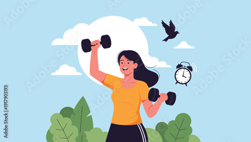 Young woman enjoys her morning fitness routine by lifting dumbbells outdoors in a park with clouds and a bird in the sky.
