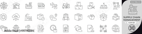 supply chain management icons logistics, shipping, warehouse, delivery, inventory, distribution, transport, global trade, cargo, editable line icons, vector illustration.